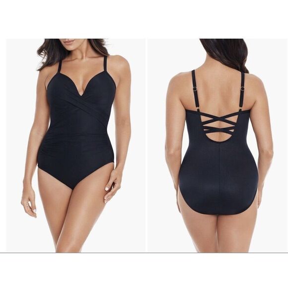 NEW $186 MIRACLESUIT CAPTIVATE ROCK SOLID ONE-PIECE SWIMSUIT BLACK SZ 14 - Picture 1 of 5